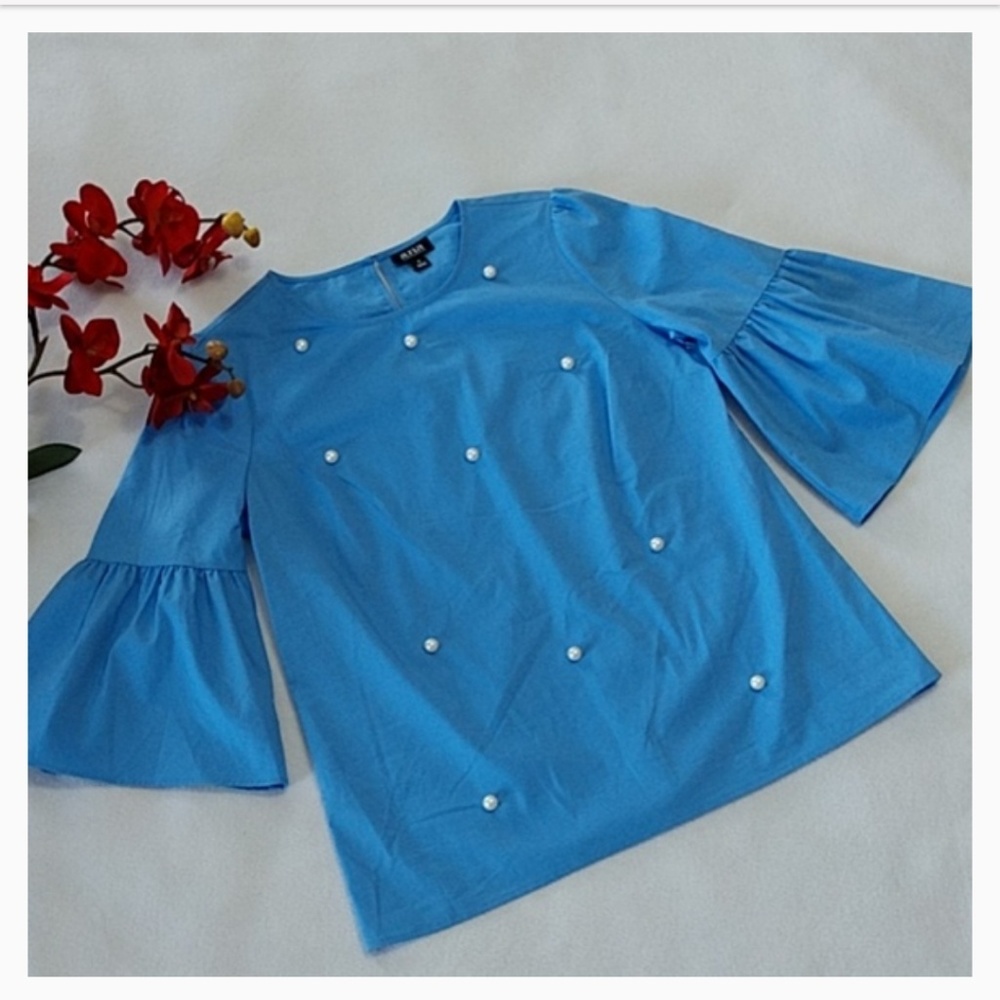 NEW a.n.a Blouse Faux Pearls Pullover Top Stretch Bell 3/4 Slve Cotton Blend Sm - Picture 3 of 14